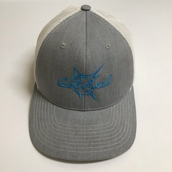 Get Reel Snapback Fishing Hat Cap Mesh Back Marlin Gray Aqua Blue Deep Sea FL - Picture 1 of 14